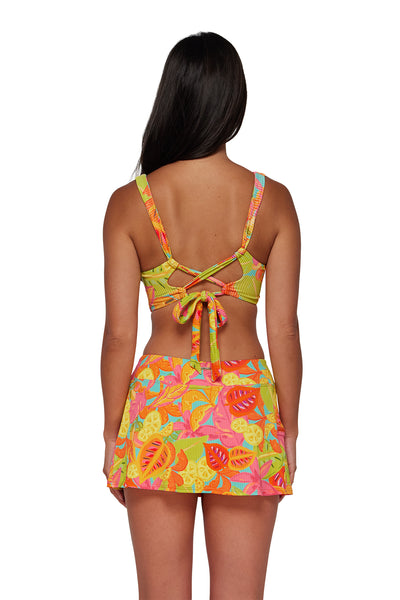 Back pose #1 of Amanda wearing Sunsets Citrus Grove Sandbar Rib Sporty Swim Skirt Bottom paired with matching Bikini Top