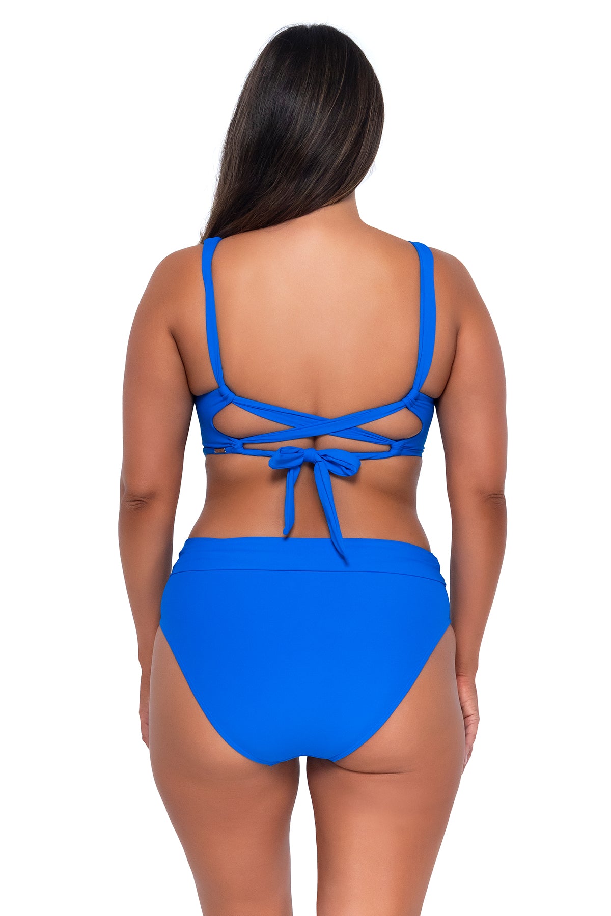 Back pose #1 of Nicky wearing Sunsets Electric Blue Elsie Top with matching Hannah High Waist bikini bottom