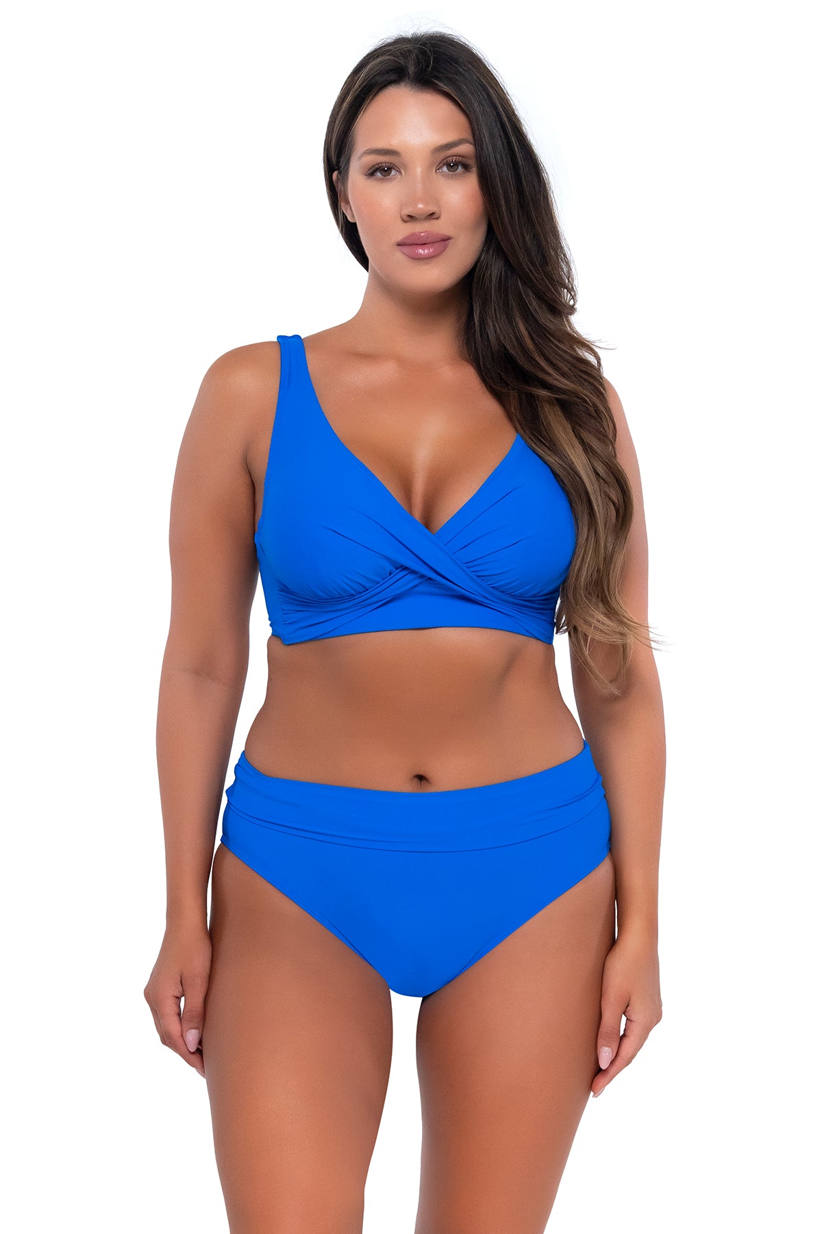 Front pose #1 of Nicky wearing Sunsets Electric Blue Hannah High Waist Bottom with matching Elsie Top underwire bikini