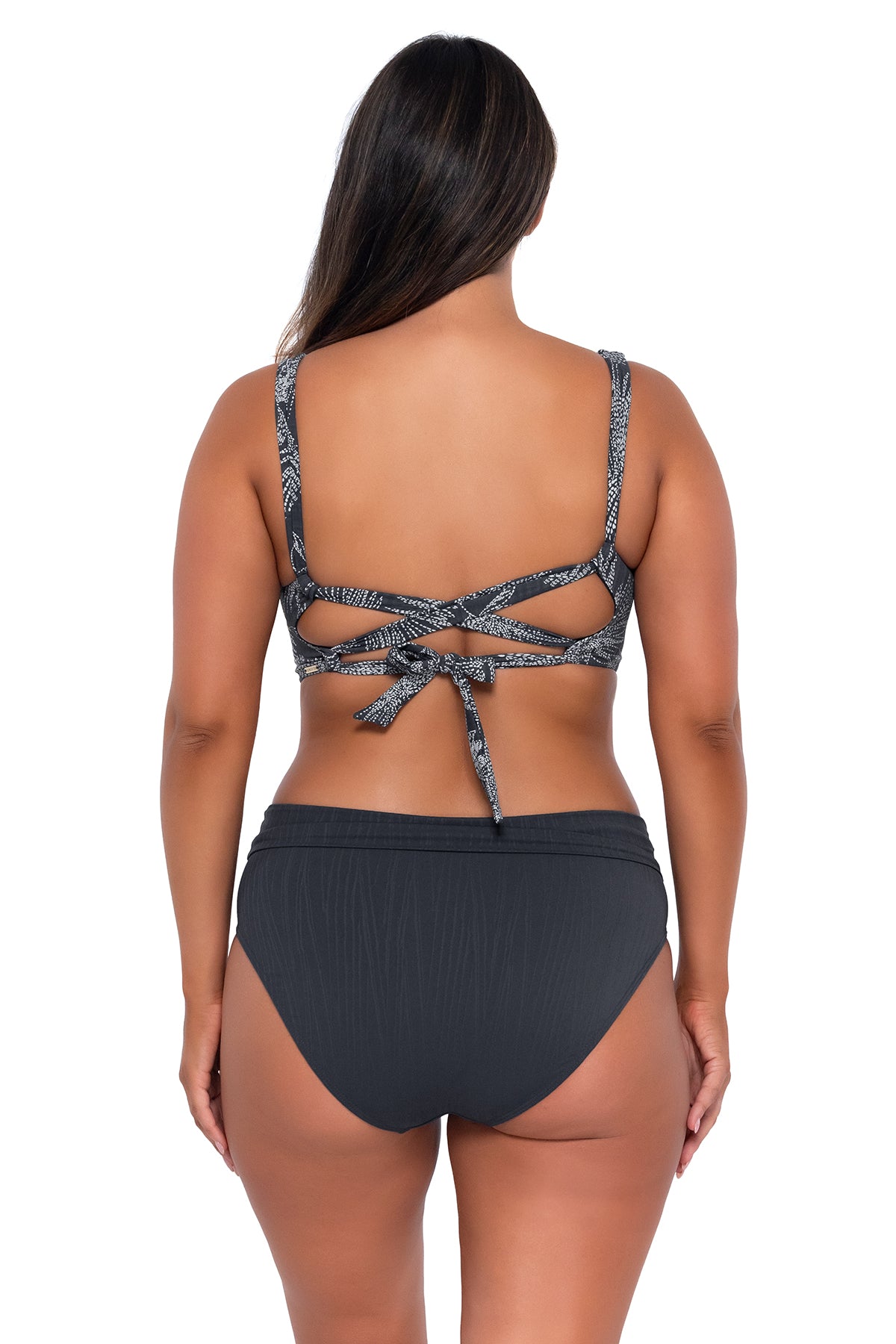 Back pose #1 of Nicky wearing Sunsets Fanfare Seagrass Texture Elsie Top with matching Hannah High Waist bikini bottom