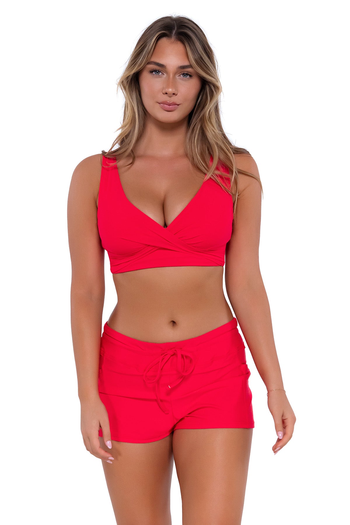 Front pose #1 of Taylor wearing Sunsets Escape Geranium Laguna Swim Short with matching Elsie Top underwire bikini