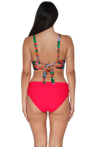 Back pose #1 of Nicki wearing Sunsets Hummingbird Cove Elsie Top paired with coordinating Geranium Capri High Waist Bottom