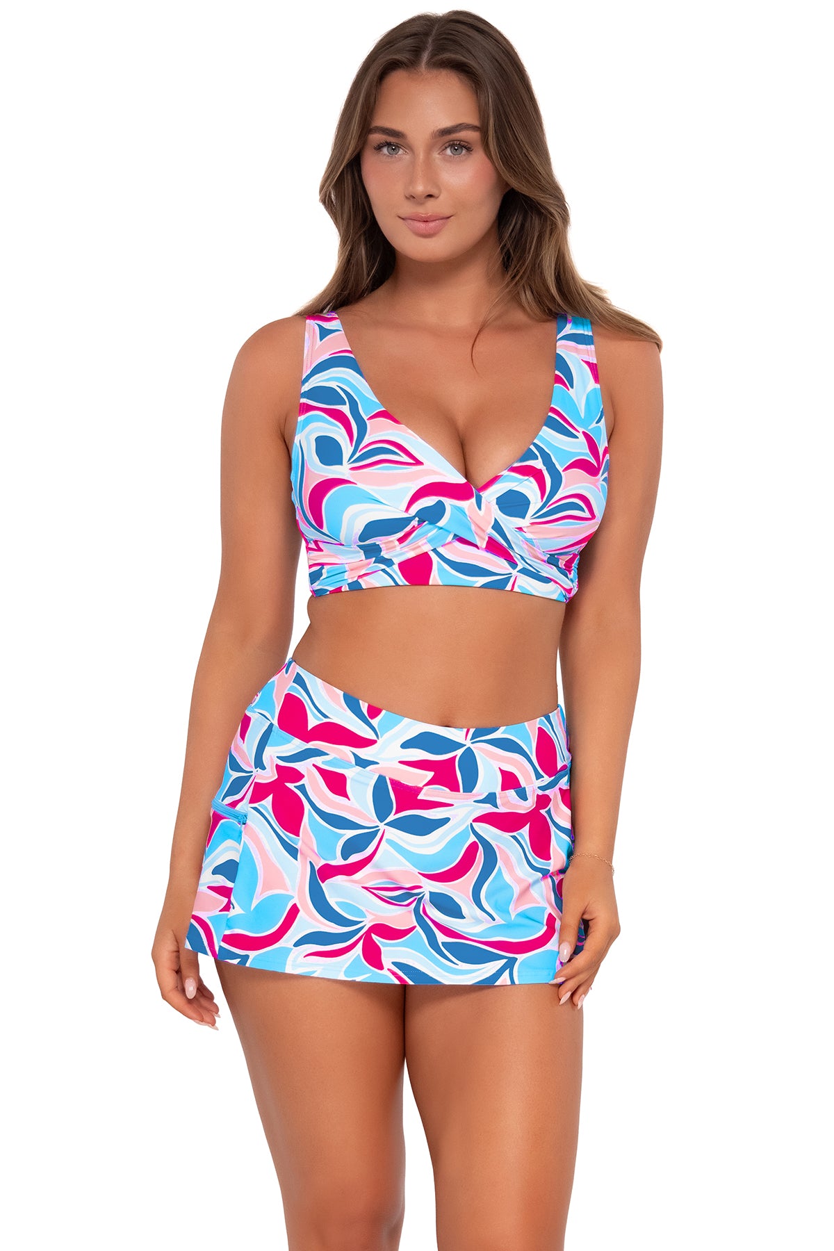 Front pose #2 of Taylor wearing Sunsets Making Waves Sporty Swim Skirt with matching Elsie Top bikini bralette