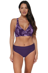 Front pose #1 of Nicki wearing Sunsets Mystic Palms Elsie Top paired with coordinating Paradise Plum Hannah High Waist Bottom