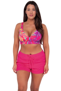 Front pose #1 of Nicki wearing Sunsets Oasis Sandbar Rib Elsie Top paired with Laguna Swim Short women's casual wear