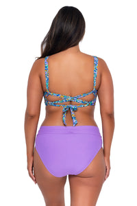 Back pose #1 of Nicky wearing Sunsets Pansy Fields Elsie Top with matching Hannah High Waist bikini bottom showing folded waist