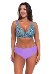 Front pose #1 of Nicky wearing Sunsets Pansy Fields Elsie Top with matching Hannah High Waist bikini bottom showing folded waist