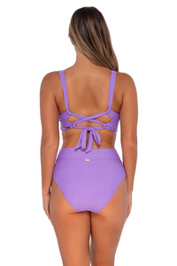 Back pose #1 of Taylor wearing Sunsets Passion Flower Summer Lovin V-Front Bottom with matching Elsie Top underwire bikini