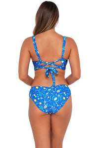Back pose #1 of Taylor wearing Sunsets Pineapple Grove Elsie Top with matching Alana Reversible Hipster bikini bottom