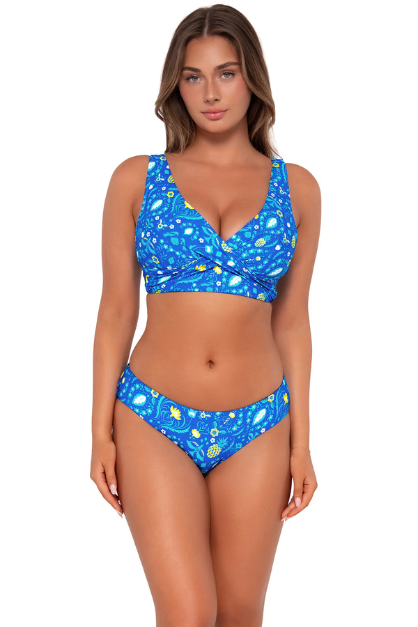 Front pose #1 of Taylor wearing Sunsets Pineapple Grove Elsie Top with matching Alana Reversible Hipster bikini bottom