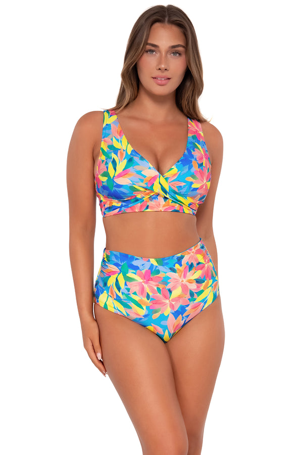 Front pose #1 of Taylor wearing Sunsets Shoreline Petals Elsie Top with matching Capri High Waist bikini bottom