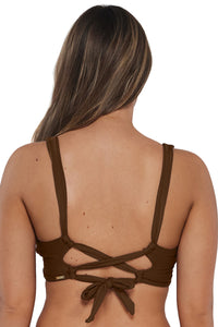 Back pose #2 of Taylor wearing Sunsets Tiki Brown Elsie Top