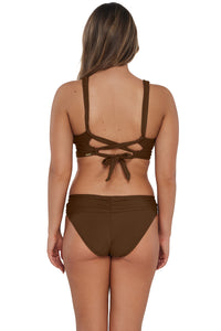 Back pose #1 of Taylor wearing Sunsets Tiki Brown Elsie Top