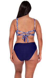 Back pose #1 of Nicki wearing Sunsets Tulum Elsie Top paired with Hannah High Waist bikini bottom showing folded waist