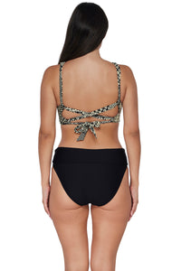 Back pose #1 of Nicki wearing Sunsets Venice Seagrass Texture Elsie Top paired with coordinating Black Hannah High Waist Bottom