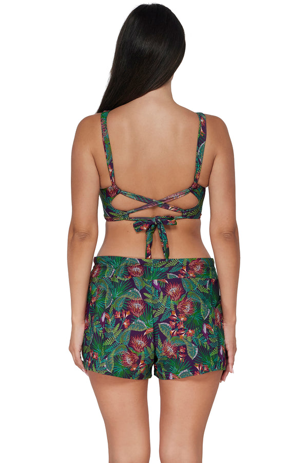 Back pose #1 of Nicki wearing Sunsets Escape Welcome To Rio Laguna Swim Short Bottom paired with matching Elsie Top