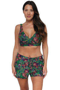 Front pose #1 of Nicki wearing Sunsets Escape Welcome To Rio Laguna Swim Short Bottom paired with matching Elsie Top