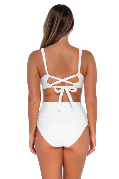 Back pose #1 of Taylor wearing Sunsets White Lily Hannah High Waist Bottom with matching Elsie Top underwire bikini