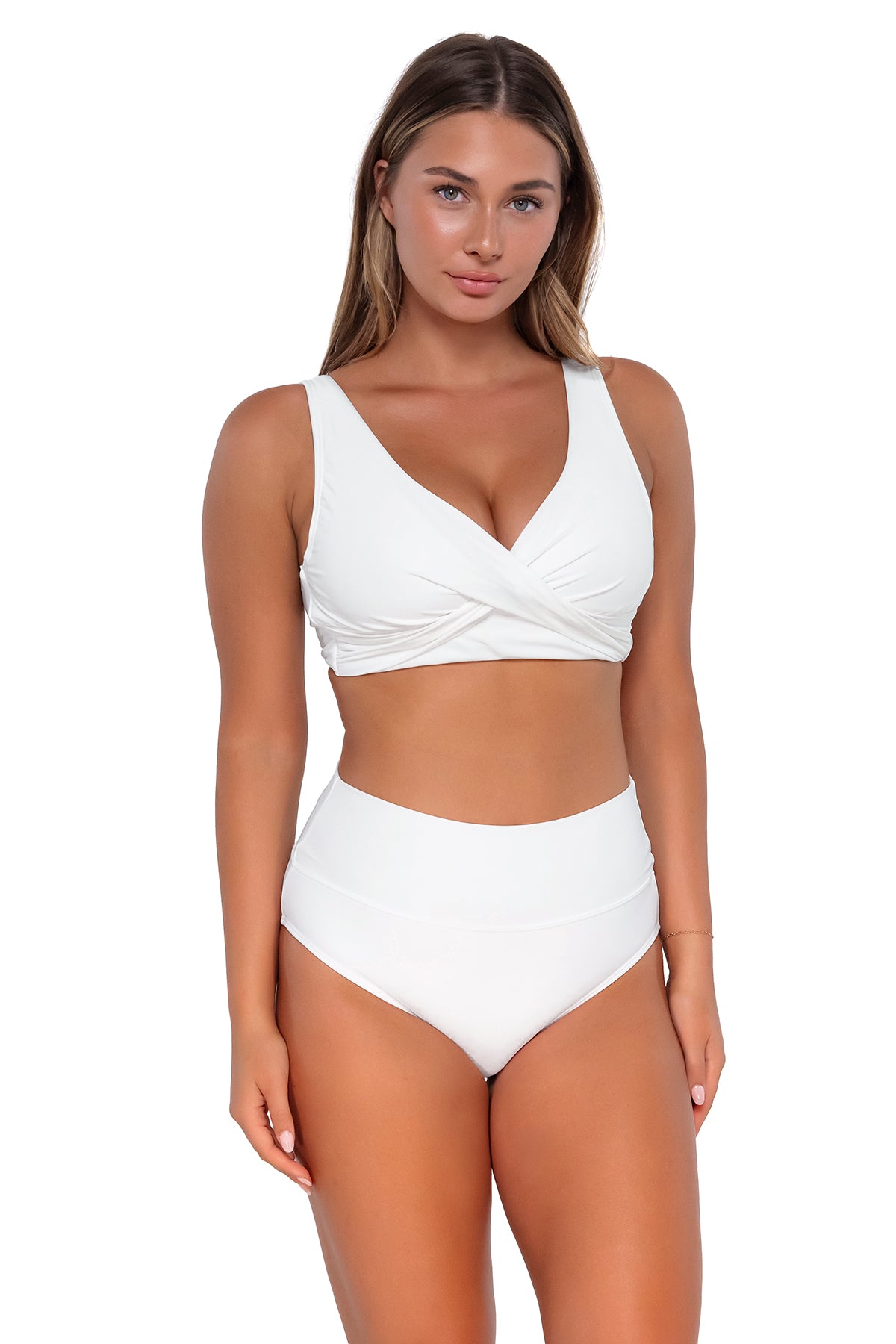 Front pose #1 of Taylor wearing Sunsets White Lily Hannah High Waist Bottom with matching Elsie Top underwire bikini