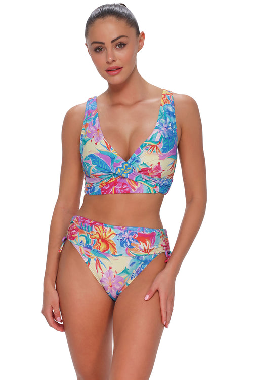 Active pose #1 of Daniella wearing Sunsets Aloha Vista Elsie Top paired with matching Bikini Bottom