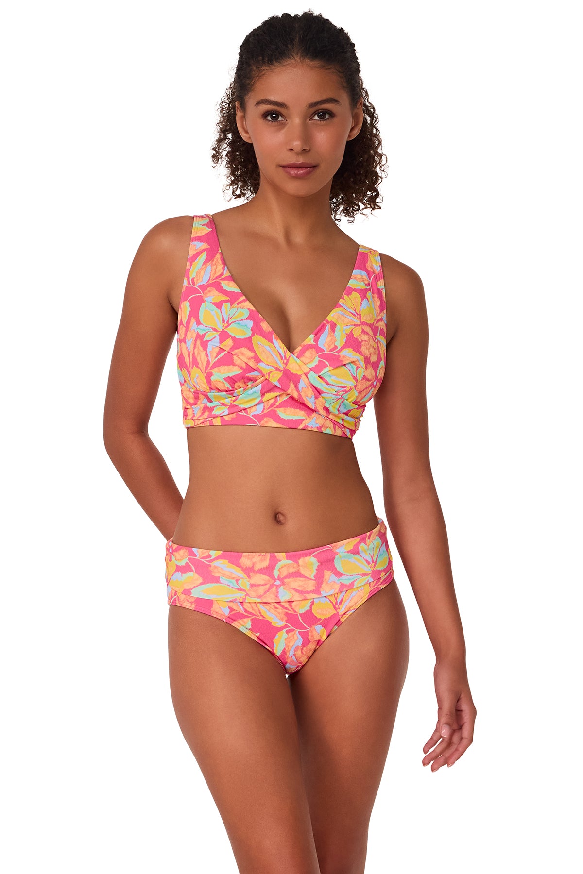 Front pose #2 of Brita wearing Sunsets Magic Hour Crepe Elsie Top
