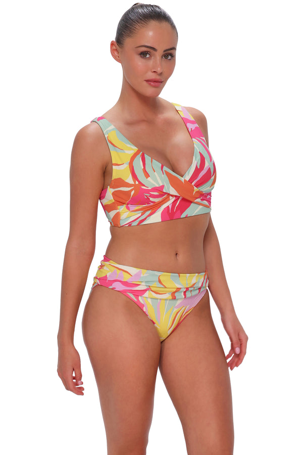 Quarter pose #1 of Daniella wearing Sunsets Tropicolor Crepe Elsie Top