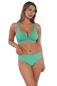 Active pose #1 of Taylor wearing Sunsets Aqua Mist Sandbar Rib Vienna V-Wire Top