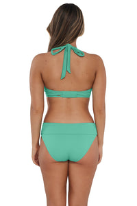 Back pose #1 of Taylor wearing Sunsets Aqua Mist Sandbar Rib Vienna V-Wire Top