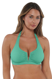 Front pose #1 of Taylor wearing Sunsets Aqua Mist Sandbar Rib Vienna V-Wire Top