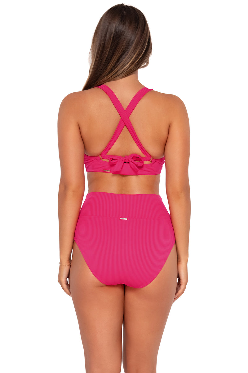 Back pose #1 of Taylor wearing Sunsets Begonia Sandbar Rib Vienna V-Wire Top showing crossback straps with matching Hannah High Waist bikini bottom