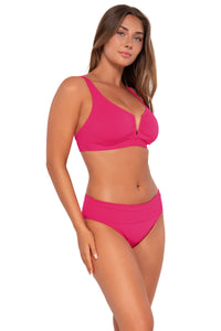Side pose #1 of Taylor wearing Sunsets Begonia Sandbar Rib Vienna V-Wire Top with matching Hannah High Waist bikini bottom