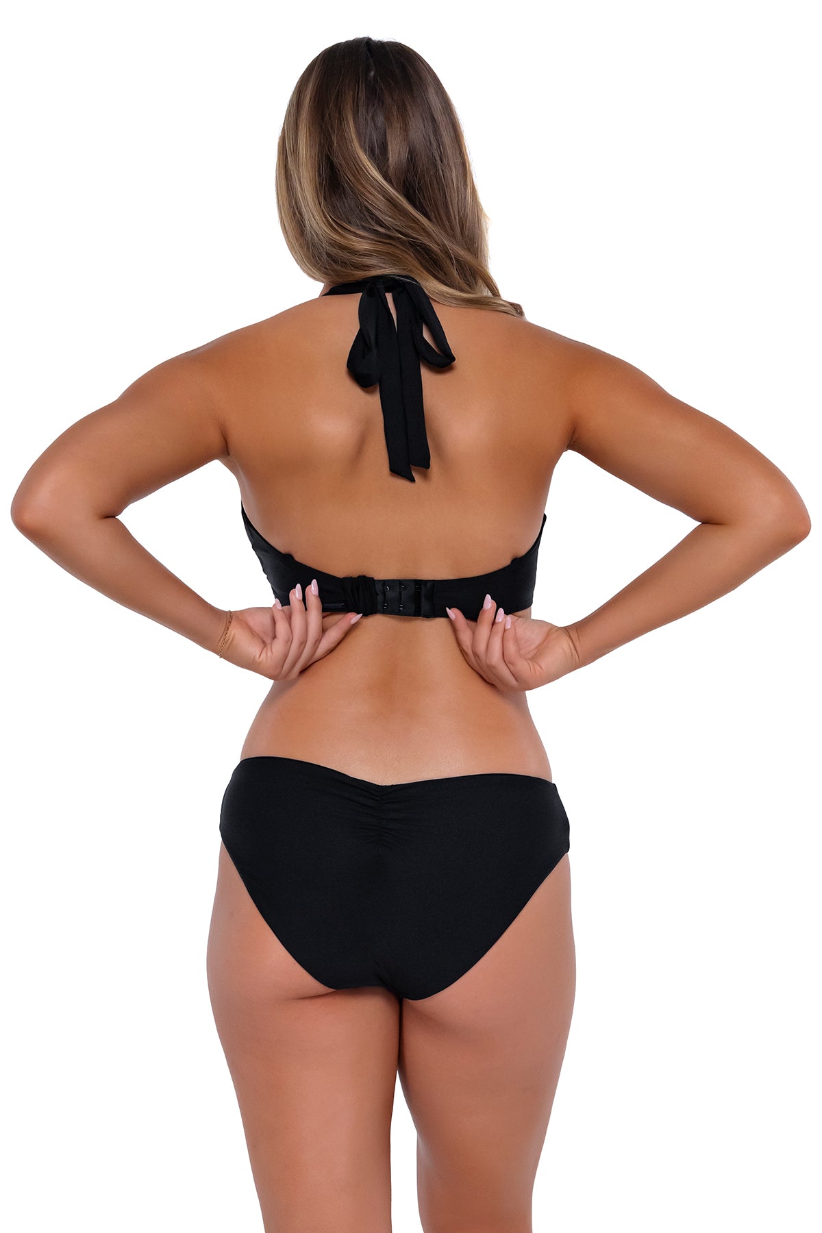 Back pose #1 of Taylor wearing Sunsets Black Vienna V-Wire Top showing hidden hook-and-eye closure with matching Alana Reversible Hipster bikini bottom