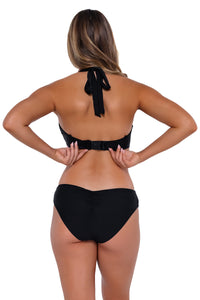 Back pose #1 of Taylor wearing Sunsets Black Vienna V-Wire Top showing hidden hook-and-eye closure with matching Alana Reversible Hipster bikini bottom