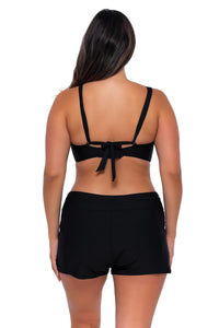 Back pose #1 of Nicky wearing Sunsets Black Vienna V-Wire Top with matching Laguna Swim Short