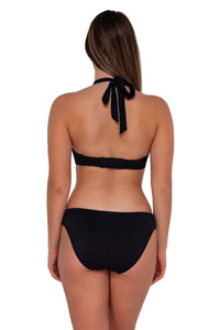 Back pose #1 of Taylor wearing Sunsets Black Seagrass Texture Vienna V-Wire Top as a halter bikini paired with Audra Hipster bikini bottom
