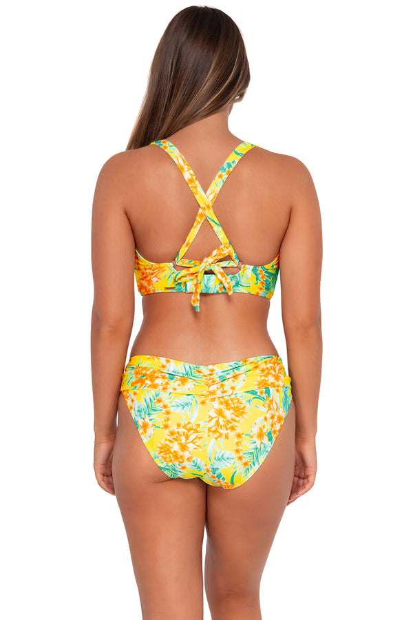 Back pose #1 of Taylor wearing Sunsets Golden Tropics Sandbar Rib Unforgettable Bottom with matching Vienna V-Wire bikini top