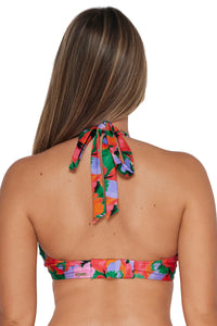 Back pose #1 of Taylor wearing Sunsets Hummingbird Cove Vienna V-Wire Top as a halter bikini