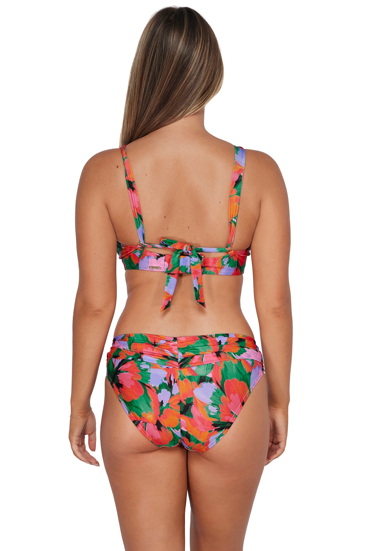 Back pose #1 of Taylor wearing Sunsets Hummingbird Cove Unforgettable Bottom paired with matching Elsie Bikini Top