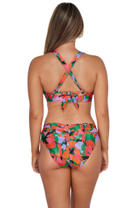 Back pose #1 of Taylor wearing Sunsets Hummingbird Cove Vienna V-Wire Top showing crossback straps paired with matching Unforgettable Bikini Bottom