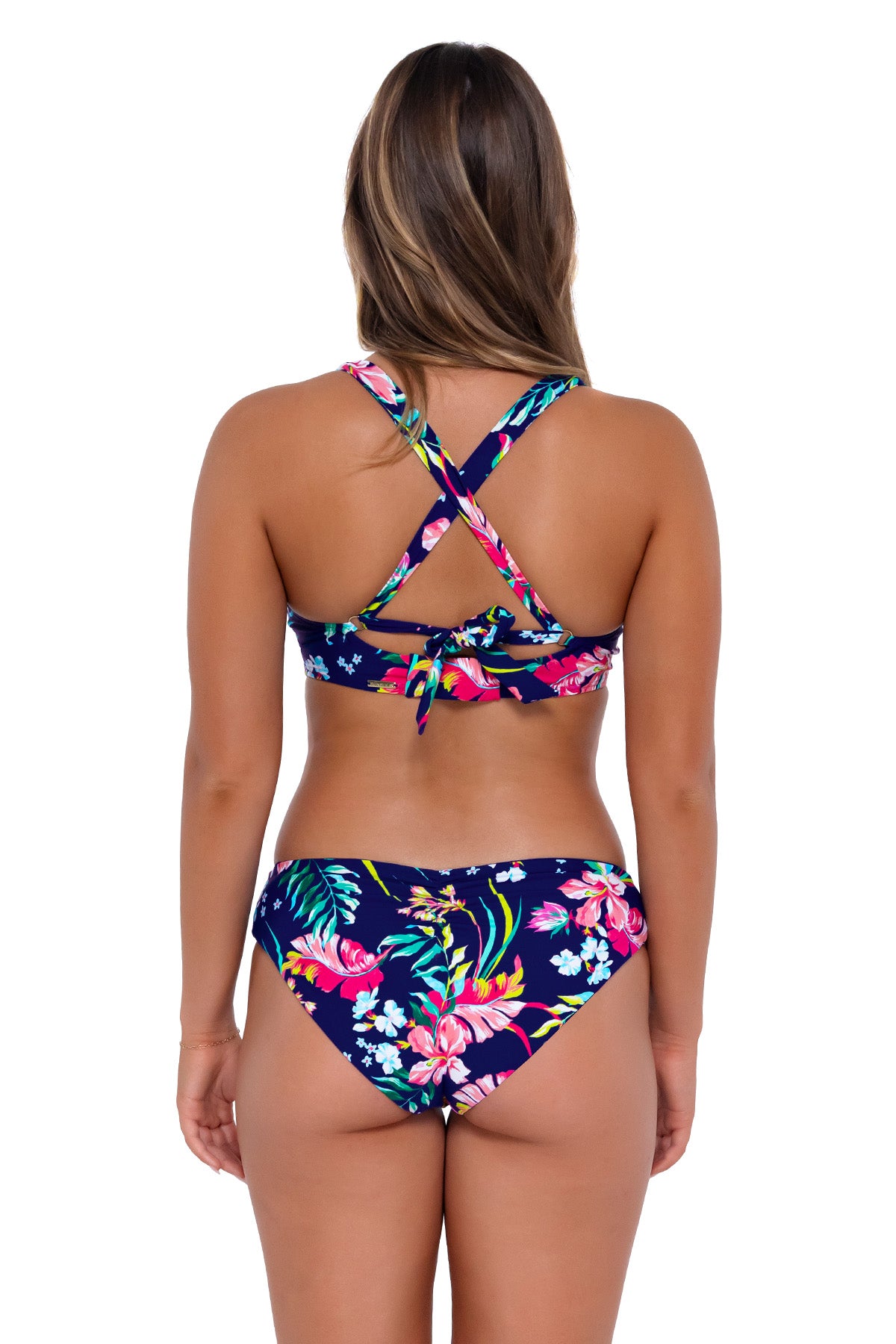 Back pose #1 of Taylor wearing Sunsets Island Getaway Vienna V-Wire Top showing crossback straps with matching Alana Reversible Hipster bikini bottom
