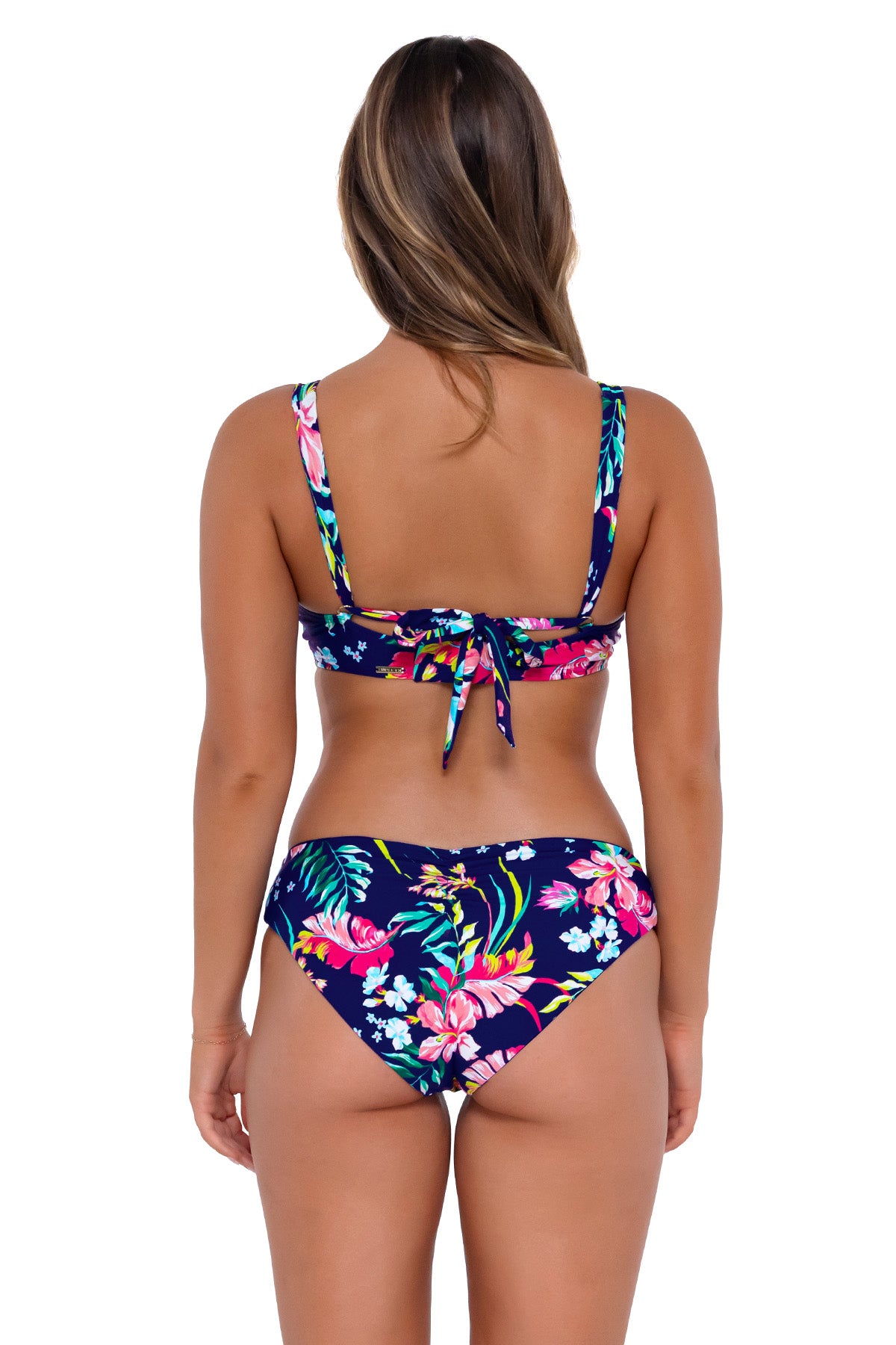 Back pose #1 of Taylor wearing Sunsets Island Getaway Vienna V-Wire Top showing over-the-shoulder tie with matching Alana Reversible Hipster bikini bottom