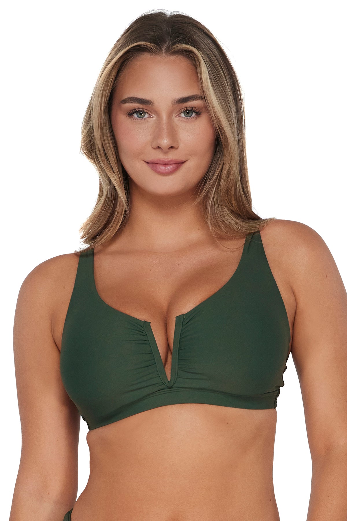 Front pose #3 of Taylor wearing Sunsets Island Green Vienna V-Wire Top