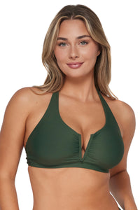 Front pose #1 of Taylor wearing Sunsets Island Green Vienna V-Wire Top as a halter bikini