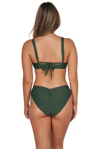 Back pose #1 of Taylor wearing Sunsets Island Green Alana Reversible Hipster Bottom paired with matching Vienna V-Wire Top