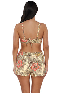 Back pose #1 of Nicki wearing Sunsets Island Spice Vienna V-Wire Top