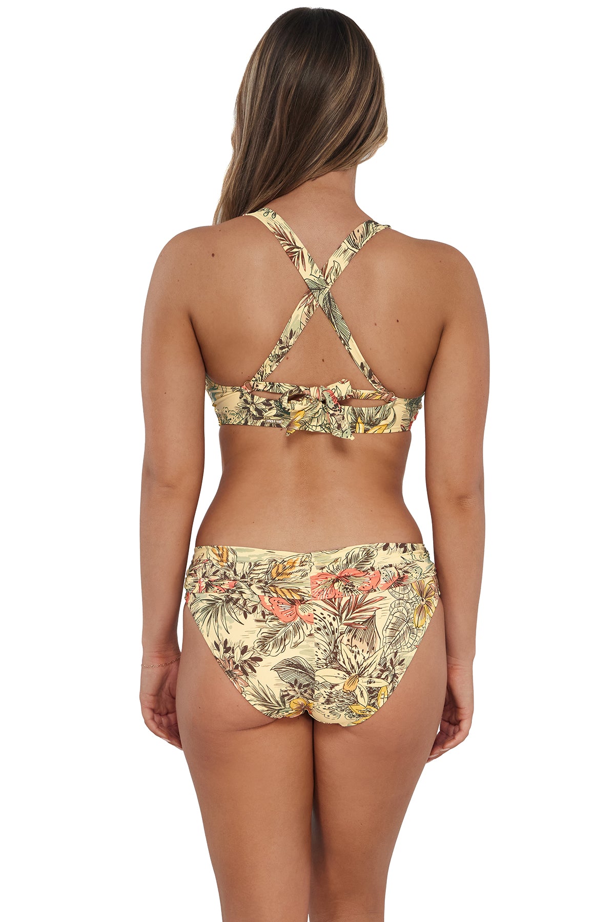 Back pose #1 of Taylor wearing Sunsets Island Spice Vienna V-Wire Top showing crossback straps