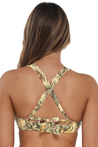 Back pose #1 of Taylor wearing Sunsets Island Spice Vienna V-Wire Top showing crossback straps