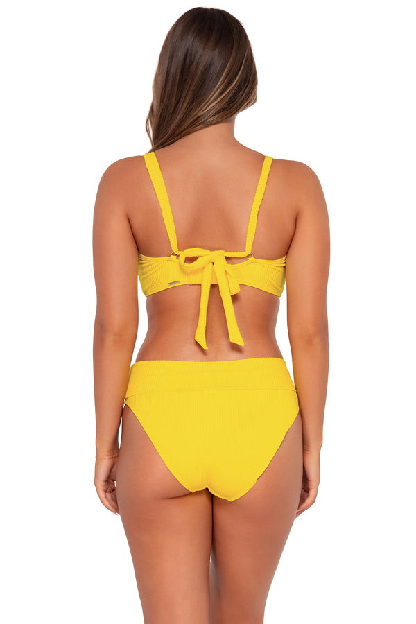 Back pose #1 of Taylor wearing Sunsets Lemon Zest Sandbar Rib Vienna V-Wire Top with matching Hannah High Waist bikini bottom
