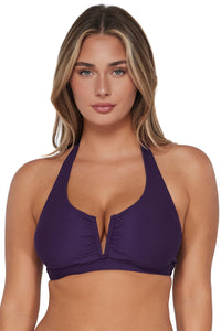 Front pose #1 of Taylor wearing Sunsets Paradise Plum Vienna V-Wire Top as a halter bikini