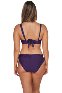 Back pose #1 of Taylor wearing Sunsets Paradise Plum Unforgettable Bottom paired with matching Vienna V-Wire Bikini Top